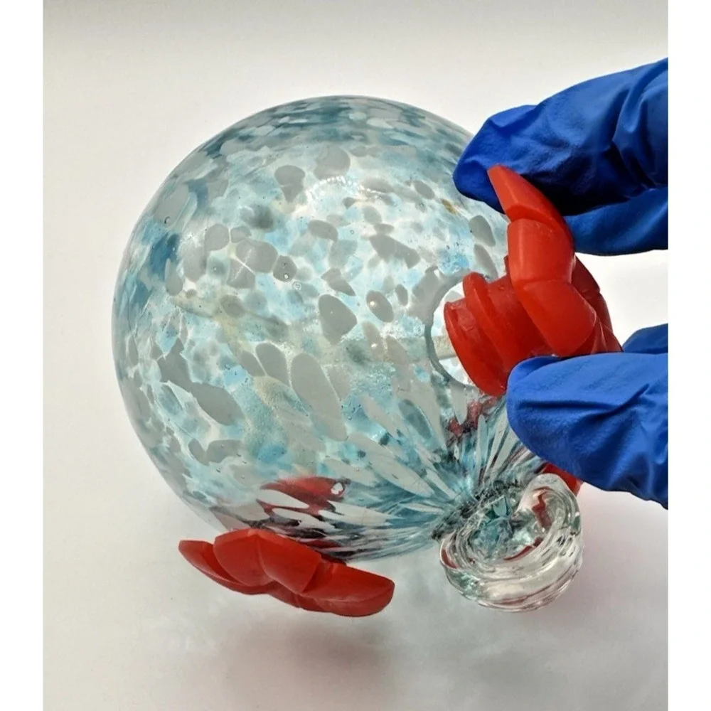 Hummingbird Feeder Hand Blown Glass Blue White Confetti Red Flower Ports Hanging